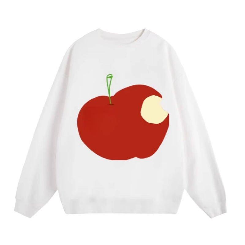 White Fleece-Lined Sweatshirt with Apple Print